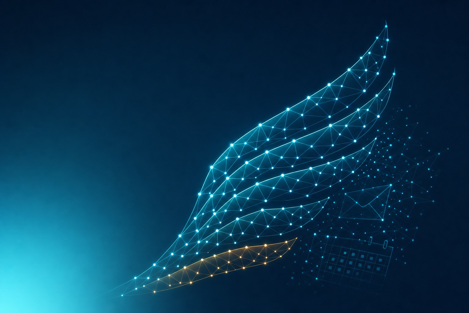 Abstract illustration: a wing made of glowing teal nodes on deep navy, with faint envelope and calendar motifs dissolving into the graph